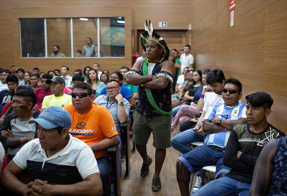 Xipaya indigenous chief Leo Xipaya waits before a meeting of indigenous leaders of tribes with representatives of the Brazilian federal government in Altamira, Para state, Brazil March 12, 2019. u00e2u20acu201d AFP pic  