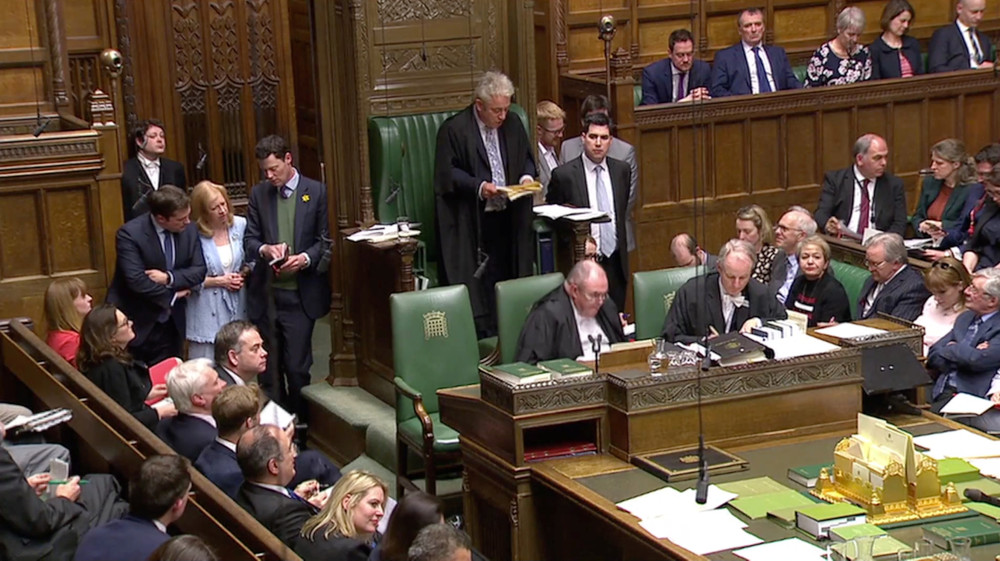 Speaker of the House of Commons John Bercow announces the results of a round of voting on alternative Brexit options at the House of Commons in London, Britain April 1, 2019 in this still image taken from video. u00e2u20acu201d Reuters TV pic via Reuters 