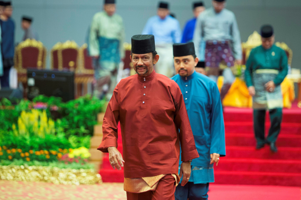 Bruneiu00e2u20acu2122s Sultan Hassanal Bolkiah leaves after speaking at an event in Bandar Seri Begawan April 3, 2019. u00e2u20acu201d AFP 