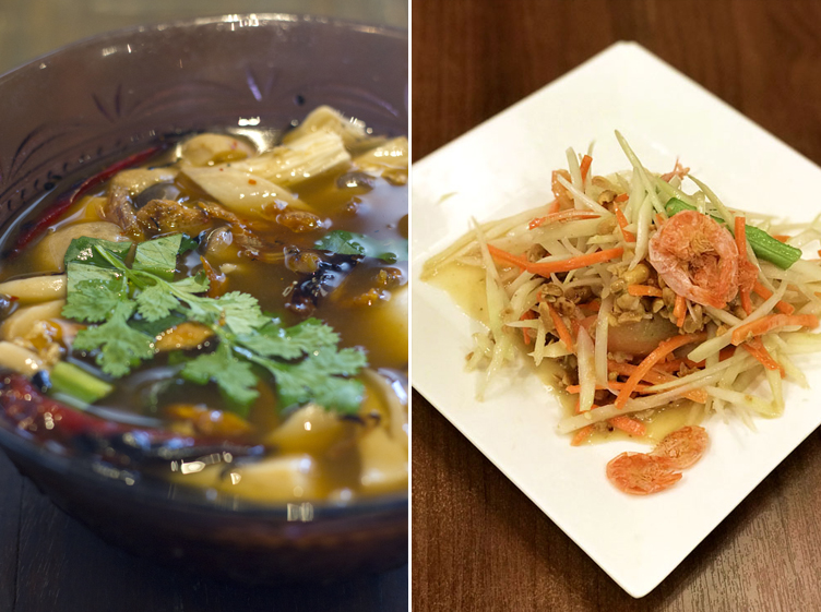 'Tom kloang pla' (a spicy soup of deep-fried smoked fish and Thai herbs) (left). The most famous Isan dish is 'som tum' or green papaya salad (right).