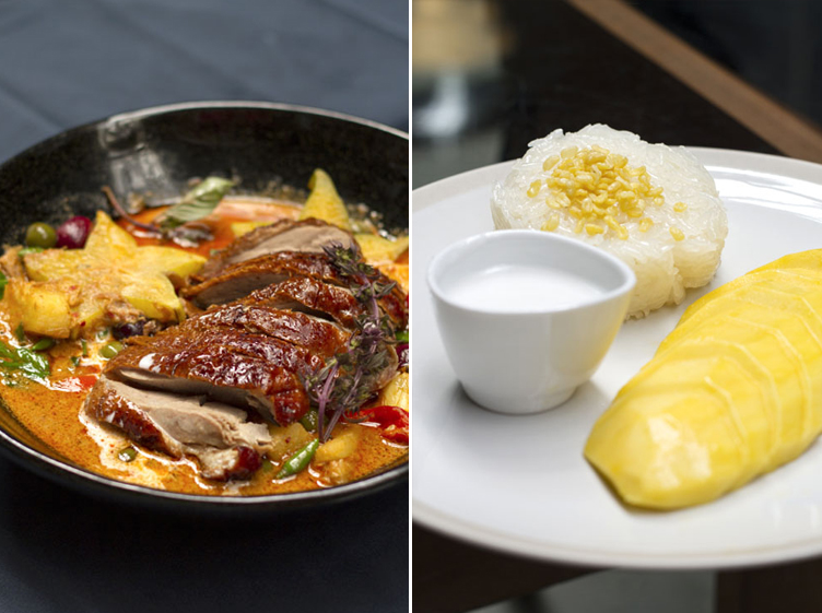 'Kaeng phet pet yang' or roast duck curry, served here with discs of star fruit (left). Perhaps the ultimate Thai dessert: 'khao niao mamuang' or mango with sticky rice (right).