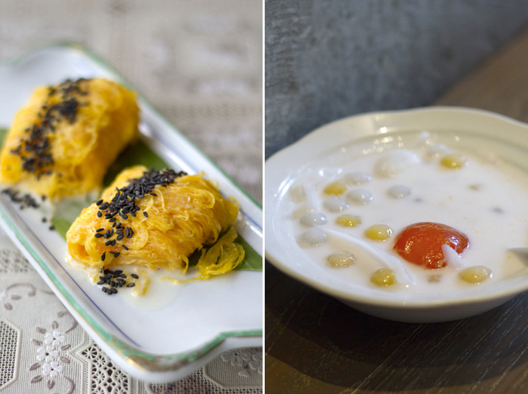 'Foi thong' – egg yolk strands simmered in syrup – means “golden threads” in Thai (left). Comforting 'bua loi' with colourful taro and pumpkin balls served in sweet coconut milk (right).