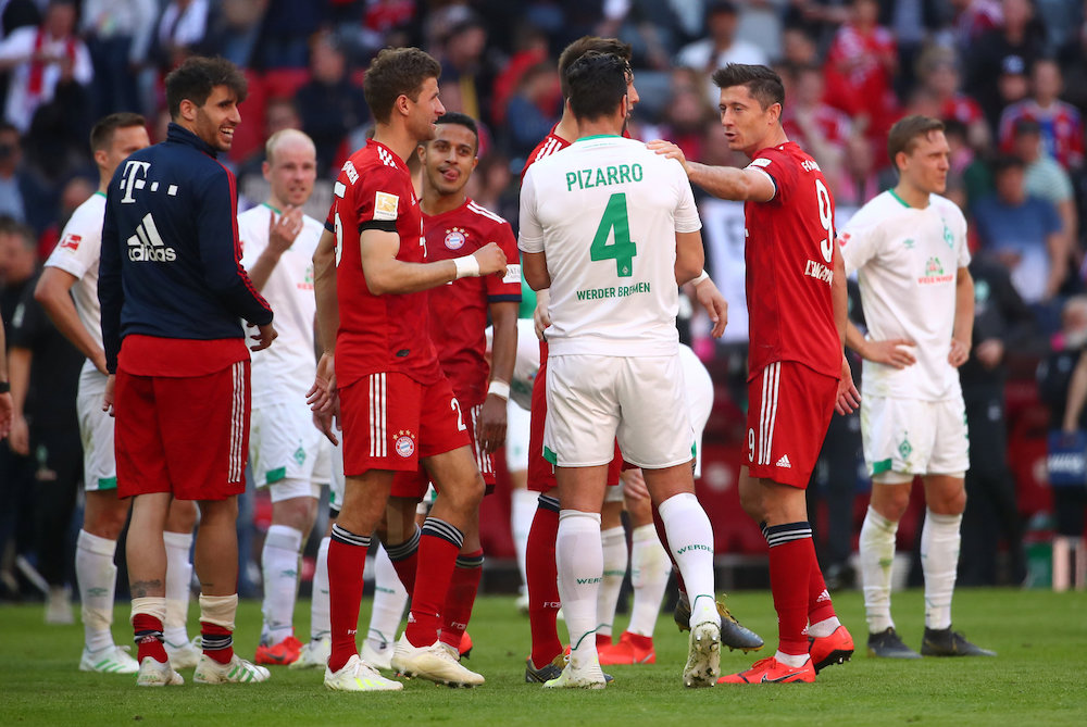 Bayern Munichu00e2u20acu2122s Thomas Mueller, Robert Lewandowski, Thiago, Niklas Sule and Werder Bremen's Claudio Pizarro after the match against Werder Bremen at the Allianz Arena in Munich, Germany, April 20, 2019. u00e2u20acu201d Reuters pic
