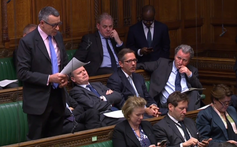Conservative MP Oliver Letwin (second right) listening to a speaker during the business motion for a second round of indicative votes in the House of Commons in London April 1, 2019. u00e2u20acu201d PRU pic via AFP