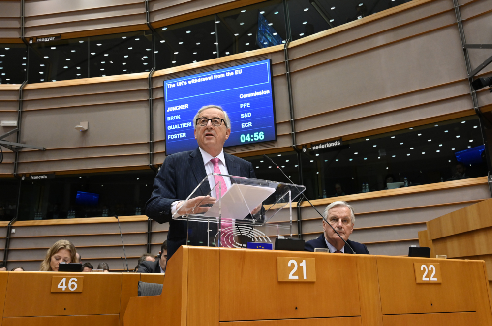EC President Jean-Claude Juncker delivers a speech next to EU Brexit chief negotiator Michel Barnier during a debate on the UKu00e2u20acu2122s withdrawal from the EU at the European Parliament in Brussels April 3, 2019. u00e2u20acu201d AFP pic