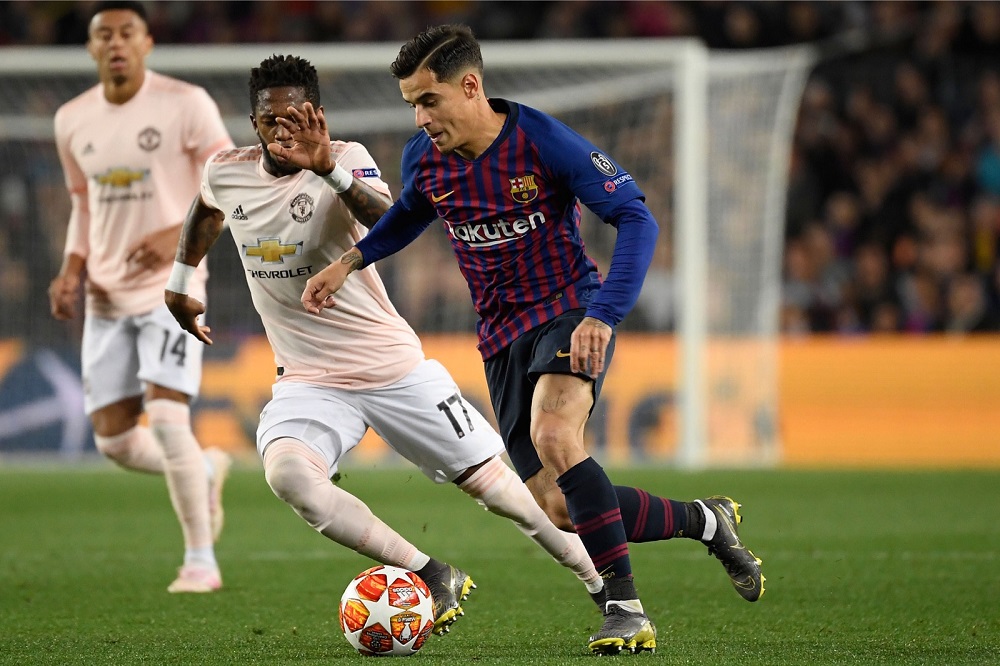 Barcelonau00e2u20acu2122s midfielder Philippe Coutinho (right) vies with Manchester Unitedu00e2u20acu2122s Brazilian midfielder Fred during the Uefa Champions League quarter-final second leg football match at the Camp Nou stadium in Barcelona April 16, 2019. u00e2u20acu201d AFP pic