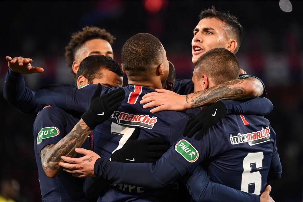 Paris Saint-Germain's players celebrate a goal during the French Cup semi-final football match between Paris Saint-Germain and FC Nantes at the Parc des Princes stadium in Paris April 3, 2019. u00e2u20acu201d AFP pic