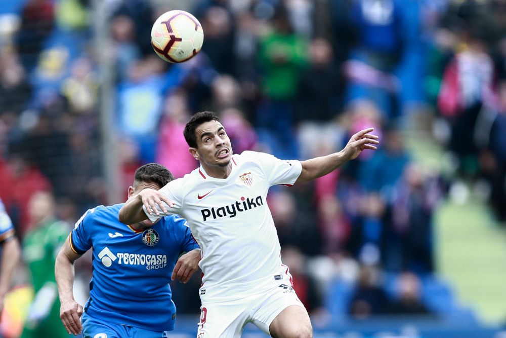 Sevillau00e2u20acu2122s French forward Wissam Ben Yedder heads the ball next to Getafeu00e2u20acu2122s Uruguayan midfielder Mauro Arambarri during the Spanish League football match between Getafe and Sevilla at the Coliseum Alfonso Perez in Getafe April 21, 2019. u00e2u20acu201d AFP pic 