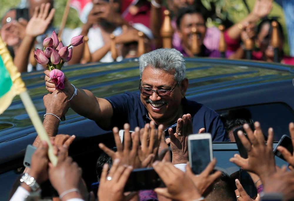Sri Lankau00e2u20acu2122s former defence secretary Gotabaya Rajapaksa greets his supporters after his return from the United States, in Katunayake, Sri Lanka, April 12, 2019. u00e2u20acu201d Reuters pic