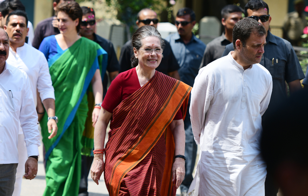 Indian Congress party senior leader Sonia Gandhi arrives with party president Rahul Gandhi and Priyanka Gandhi to file her nomination papers at Rae Bareilly district court April 11, 2019. u00e2u20acu201d AFP pic  