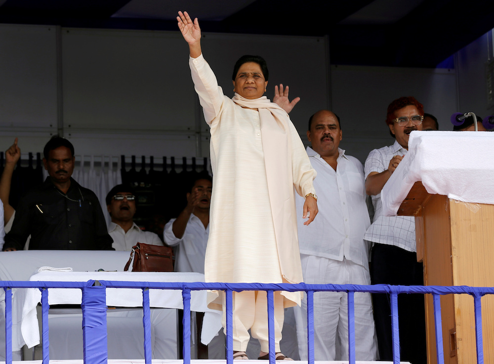 The Bahujan Samaj Party (BSP) chief Mayawati waves to her supporters during an election campaign rally on the occasion of the death anniversary of Kanshi Ram, founder of BSP, in Lucknow, India, October 9, 2016. — Reuters pic
