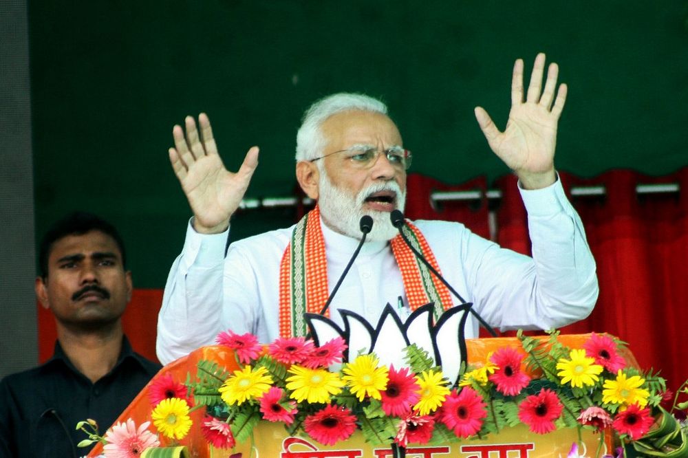 Indian Prime Minister Narendra Modi gestures while speaking at an election rally during the first phase of the Indian general elections in Bhagalpur, in the Indian state of Bihar on April 11, 2019. u00e2u20acu201d AFP pic