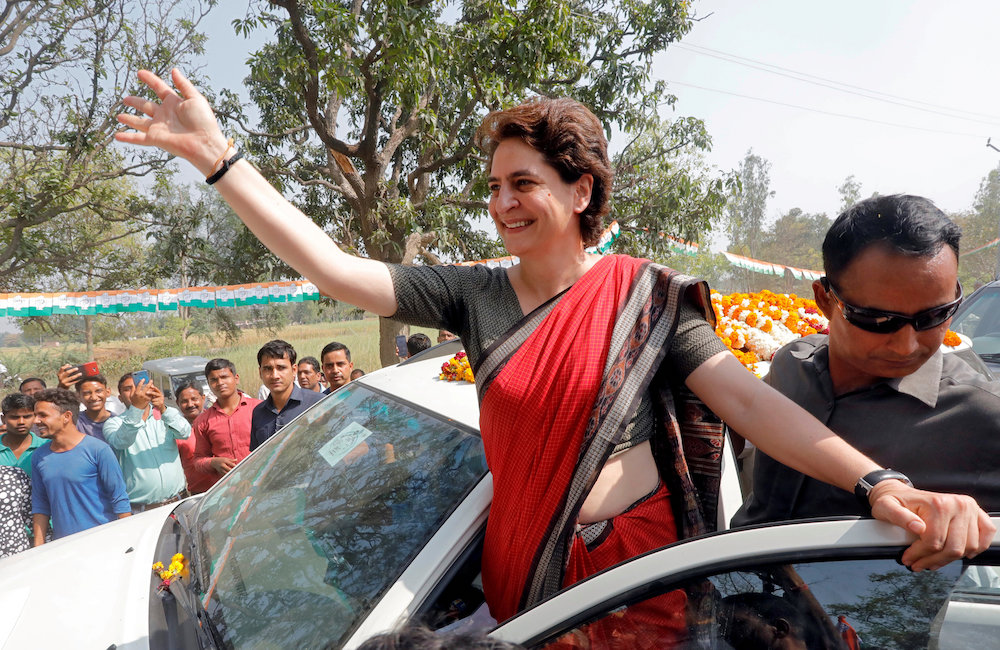 Priyanka Gandhi Vadra, a leader of India's main opposition Congress party and sister of the party president Rahul Gandhi, waves to her supporters after addressing an election campaign meeting in Ayodhya, India March 29, 2019. — Reuters pic
