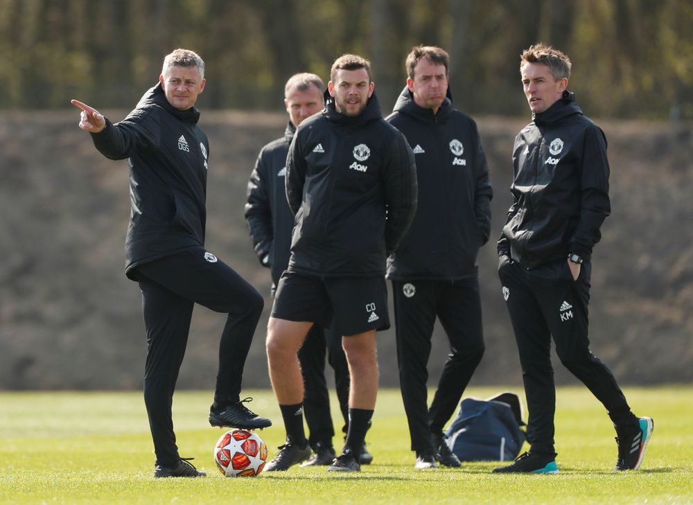 Manchester United manager Ole Gunnar Solskjaer with assistant coach Kieran McKenna during training at Aon Training Complex, Manchester, April 9, 2019. u00e2u20acu201d Action Images via Reuters