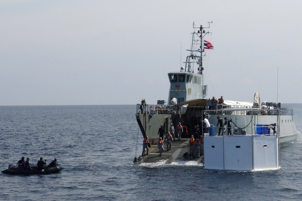 A Royal Thai navy ship drags a floating home, lived in by an American man and his Thai partner, in the Andaman Sea, off Phuket Island in Thailand, April 22, 2019. u00e2u20acu201d Reuters pic 