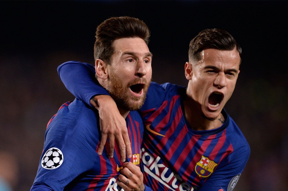Barcelonau00e2u20acu2122s Argentinian forward Lionel Messi (left) celebrates with Barcelonau00e2u20acu2122s Brazilian midfielder Philippe Coutinho after scoring a goal during the Uefa Champions League match at the Camp Nou stadium in Barcelona April 16, 2019. u00e2u20acu201d AFP pic