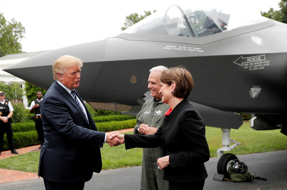 US President Donald Trump greets Lockheed Martin CEO Marillyn Hewson in front of a Lockheed Martin F-35 stealth fighter at the White House in Washington, US, July 23, 2018. u00e2u20acu201d Reuters pic 