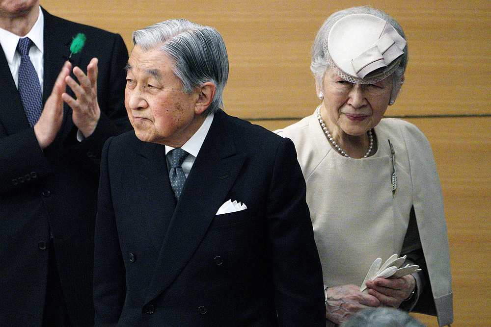 Japan's Emperor Akihito and Empress Michiko greet the guests as they leave from the stage after the awarding ceremony of the Midori Academic Prize in Tokyo April 26, 2019. u00e2u20acu201d Reuters pic