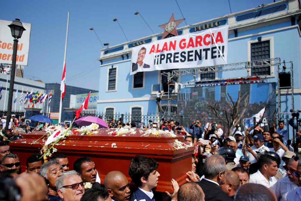 Friends and family carry the coffin with the remains of Peru's former President Alan Garcia, who killed himself this week, during the last of three days of national mourning declared by President Martin Vizcarra, in Lima April 19, 2019. u00e2u20acu2022 Reuters pic