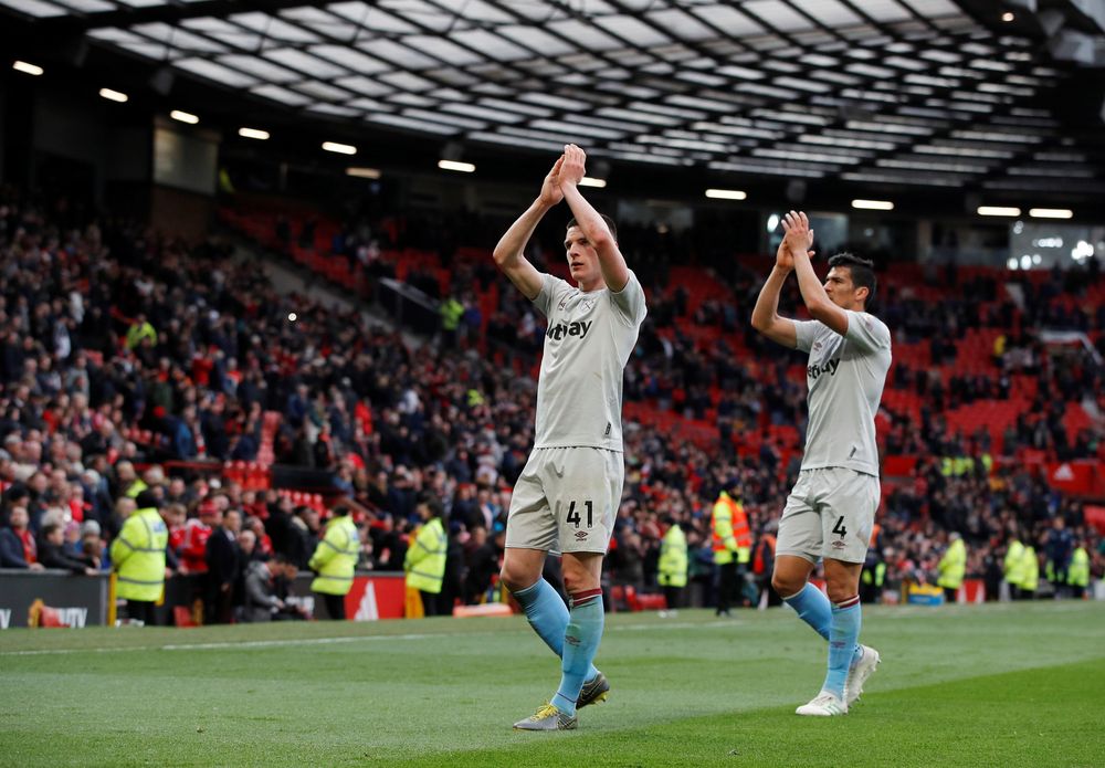 West Hamu00e2u20acu2122s Declan Rice and Fabian Balbuena applaud fans after their Premier League match vs Manchester United at Old Trafford, Manchester, April 13, 2019. u00e2u20acu201d Reuters pic