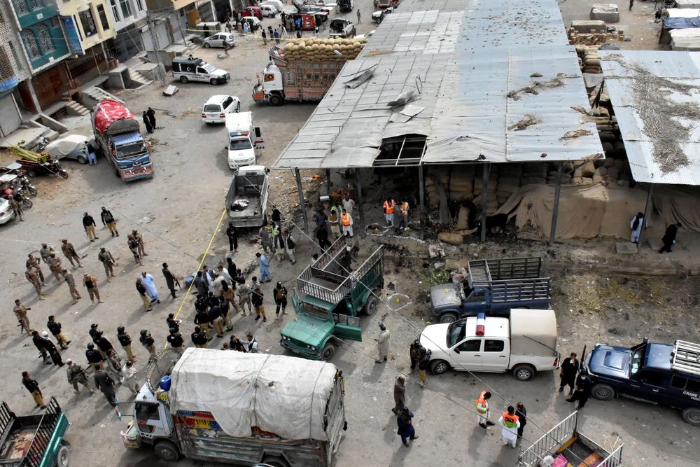 Rescue workers and army soldiers gather at the site of a blast at a vegetable market in Quetta, Pakistan April 12, 2019. u00e2u20acu201d Reuters pic