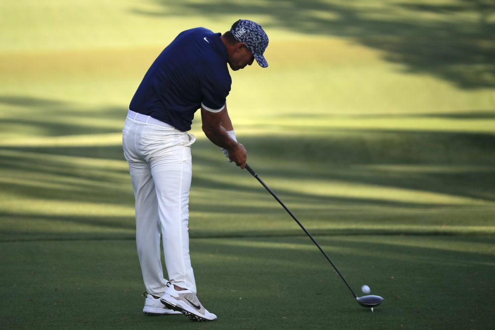 Brooks Koepka hits on the 18th tee during first round play of the 2019 Masters golf tournament at Augusta National Golf Club in Augusta April 11, 2019. u00e2u20acu2022 Reuters pi
