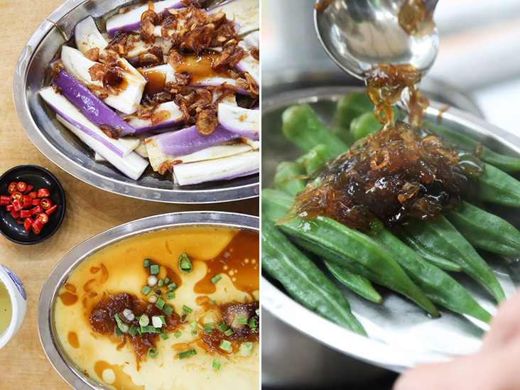 Calling all eggplant lovers! You won't be able to stop eating this dreamy steamed eggplant (left). Steamed lady's fingers are given a flavour oomph with a topping of Yong's fried shallots (right).