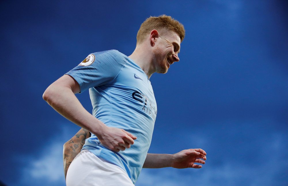 Kevin De Bruyne celebrates scoring Manchester City's first goal in the English Premier League match with Cardiff City at the Etihad Stadium April 3, 2019. u00e2u20acu201d Reuters pic