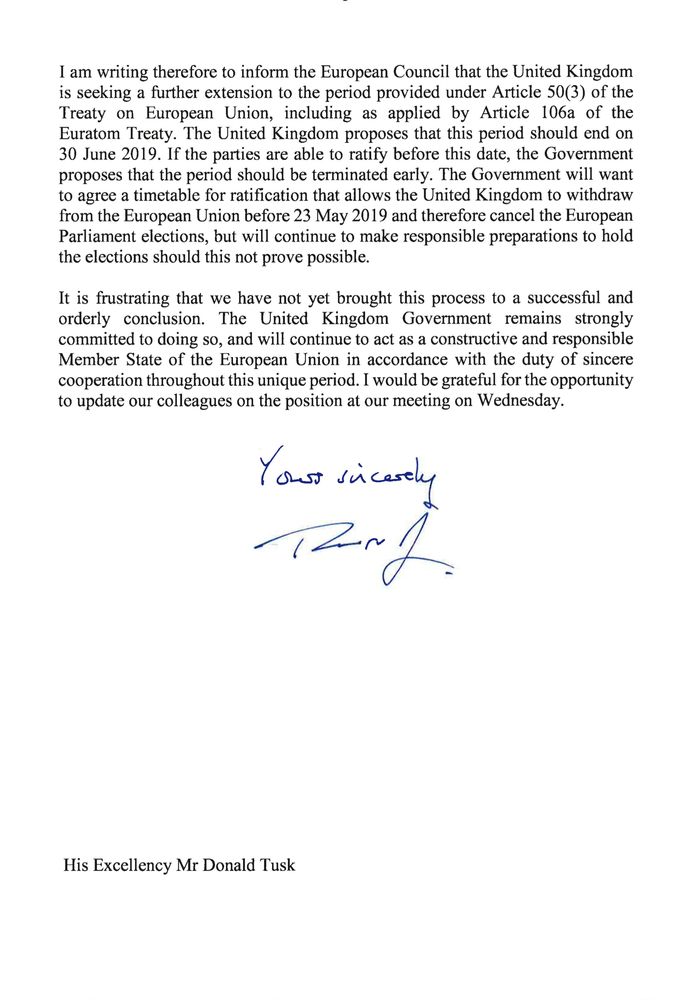 A copy of a letter from Britain’s Prime Minister Theresa May, to European Council President, Donald Tusk, regarding Brexit is seen in London, Britain April 5, 2019. — Downing Street/Handout via Reuters