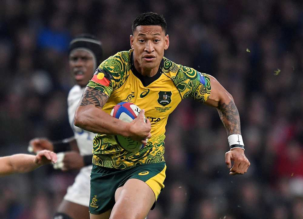 Australia's Israel Folau runs in to score their first try in a Rugby Union match with England at Twickenham Stadium, London November 24, 2018. u00e2u20acu201d Reuters pic