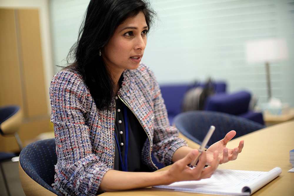 IMF chief economist Gita Gopinath speaks in her office during the Spring Meetings of the World Bank Group and IMF in Washington April 11, 2019. u00e2u20acu201d Reuters pic