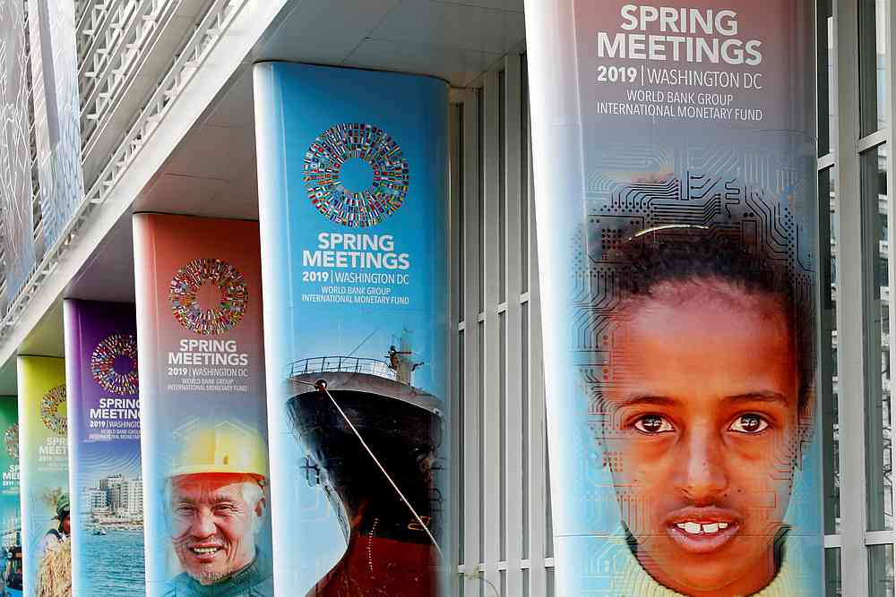 The World Bank headquarters building is decorated ahead of the IMF/World Bank spring meetings in Washington, April 8, 2019. u00e2u20acu201d Reuters pic