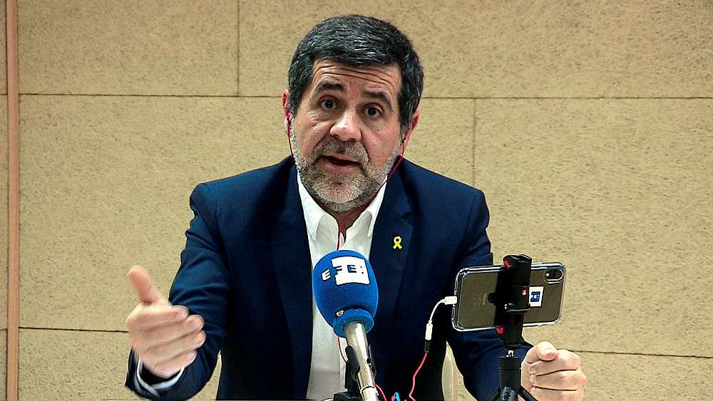 Jailed Catalan politician Jordi Sanchez gestures during a news conference from prison in Soto del Real, Spain April 18, 2019. He was elected to Spain's parliament April 28, 2019. u00e2u20acu201d Reuters pic