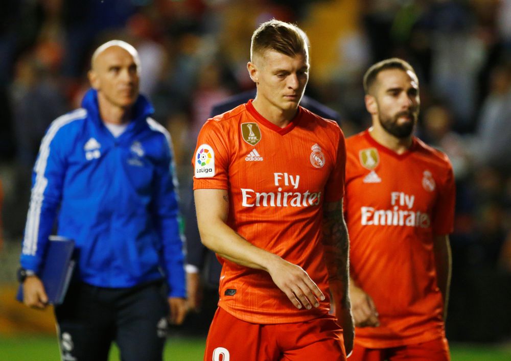 Real Madrid's Toni Kroos and Dani Carvajal look dejected at half time during the match against Rayo Vallecano. u00e2u20acu201d Reuters pic