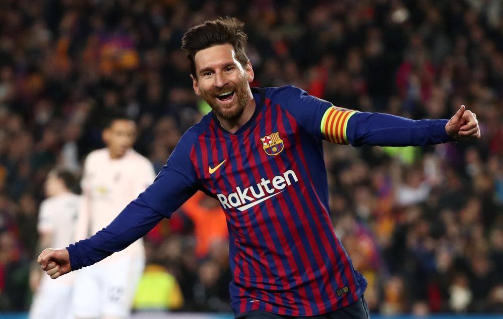 Barcelona's Lionel Messi celebrates after scoring the second goal against Manchester United, April 16, 2019. u00e2u20acu2022 Reuters pic