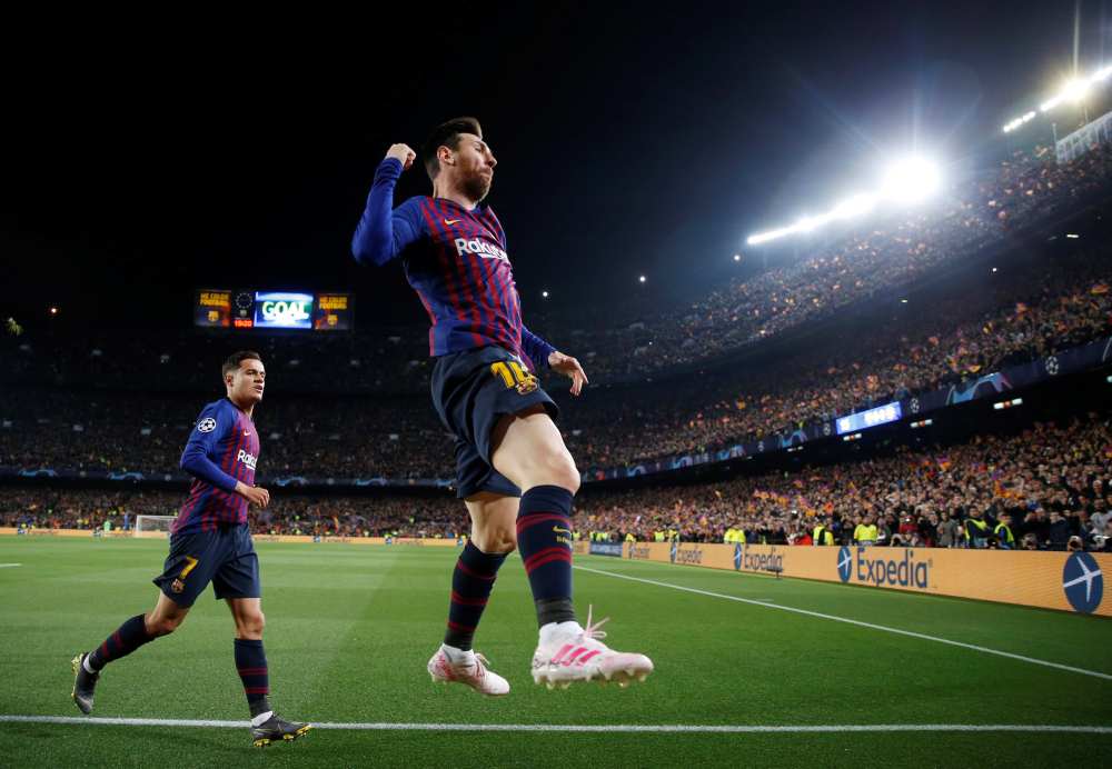 Barcelona's Lionel Messi celebrates after scoring the first goal against Manchester United, April 16, 2019. u00e2u20acu2022 Reuters pic
