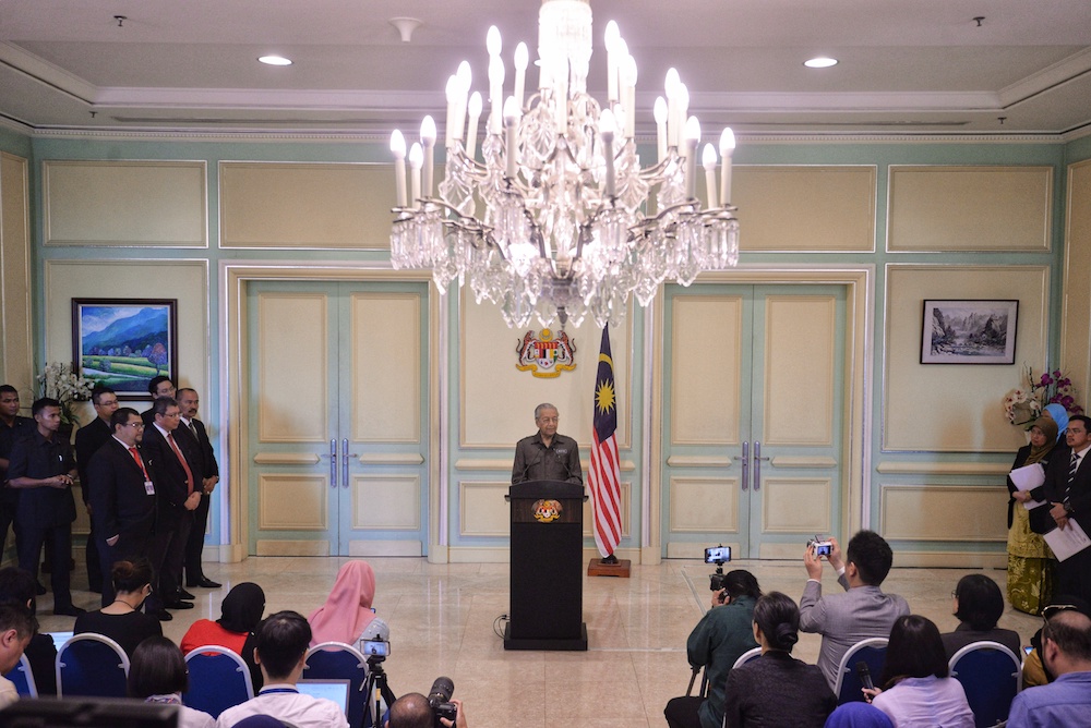 Prime Minister Tun Dr Mahathir Mohamad speaks to reporters during a press conference on the East Coast Railway Link (ECRL) project in Putrajaya April 15, 2019. u00e2u20acu201d Picture by Shafwan Zaidon