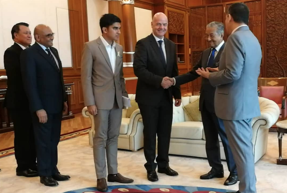 Tun Dr Mahathir Mohamad meets Fifa president Gianni Infantino at Perdana Putra in Putrajaya April 5, 2019. u00e2u20acu201d Picture via Twitter/Bernamadotcom