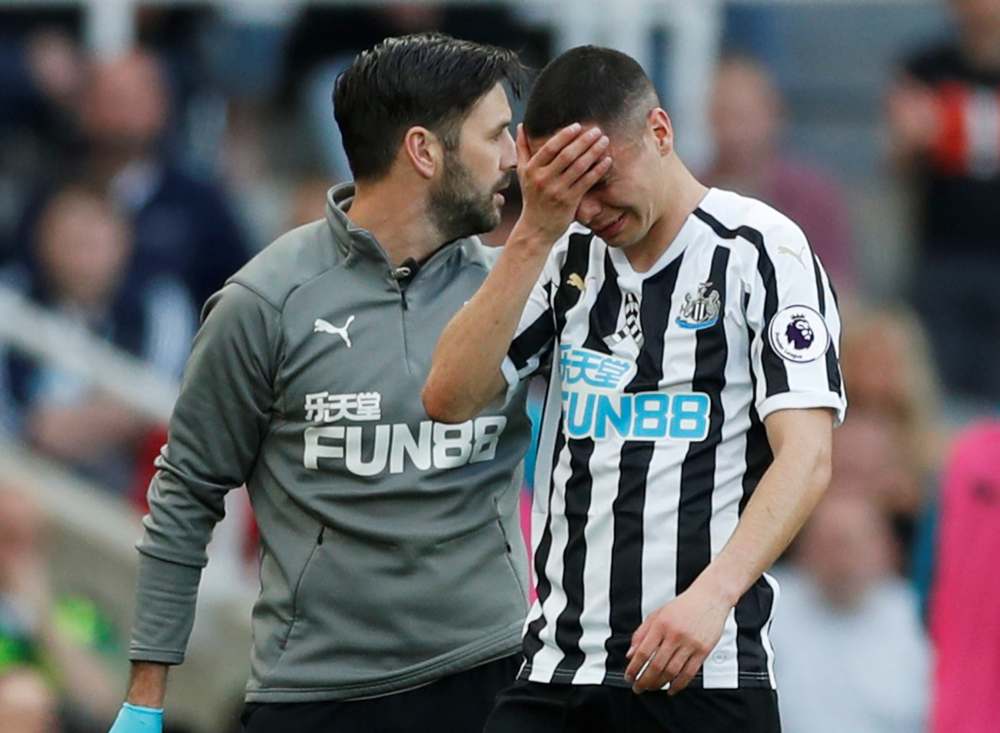 Newcastle United's Miguel Almiron reacts while being substituted after sustaining an injury during the match against Southampton, April 20, 2019. u00e2u20acu2022 Reuters pic