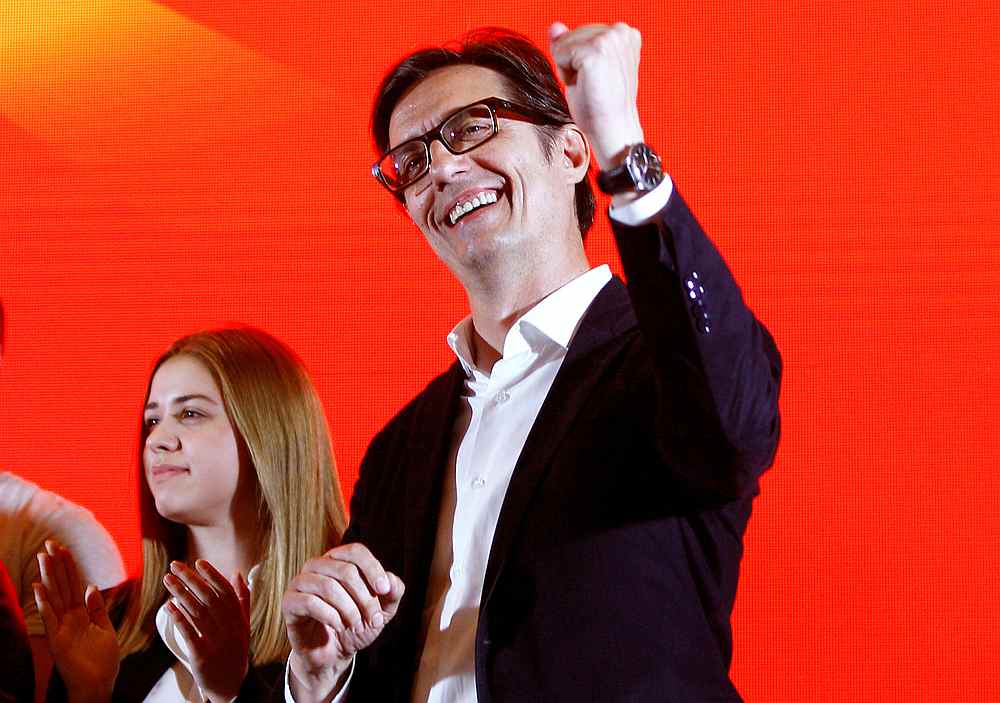 Presidential candidate of the ruling SDSM Stevo Pendarovski greets his supporters during a news conference in Skopje, North Macedonia April 21, 2019. u00e2u20acu201d Reuters pic