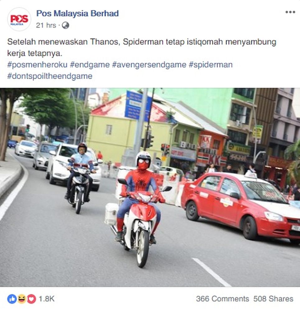 The funny post was part of Pos Malaysia’s content marketing in conjunction with the Marvel Studios superhero movie. — Screengrab from Facebook/Pos Malaysia Berhad