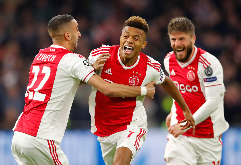 Ajaxu00e2u20acu2122s David Neres celebrates scoring their first goal during their Champions League Quarter Final First Leg match against Juventus at the Johan Cruijff Arena, Amsterdam April 10, 2019. u00e2u20acu201d Reuters pic