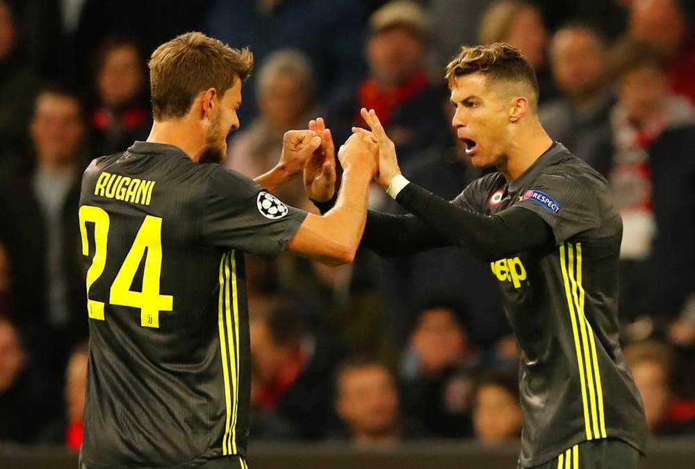 Juventus' Cristiano Ronaldo celebrates with Daniele Rugani after scoring the first goal against Ajax Amsterdam, April 10, 2019. u00e2u20acu2022 Reuters pic