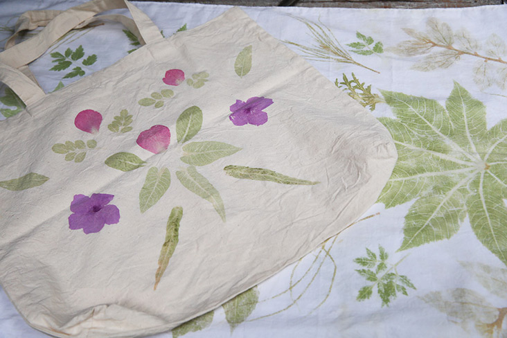 The treated fabric are imprinted with flora and leaves, using a pounding method.