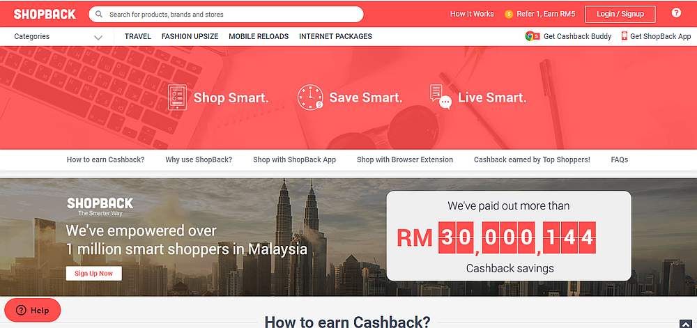 Screengrab of the ShopBack internet portal at www.shopback.my.