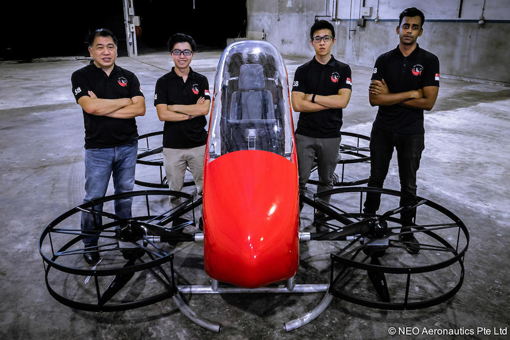 (From left) Neo Aeronautics founder Neo Kok Beng, project manager Damian Cheng and aeronautical engineer Wayne Ong and aerospace engineer Aravinda Charles, with the Crimson S8. u00e2u20acu201d Handout via TODAY