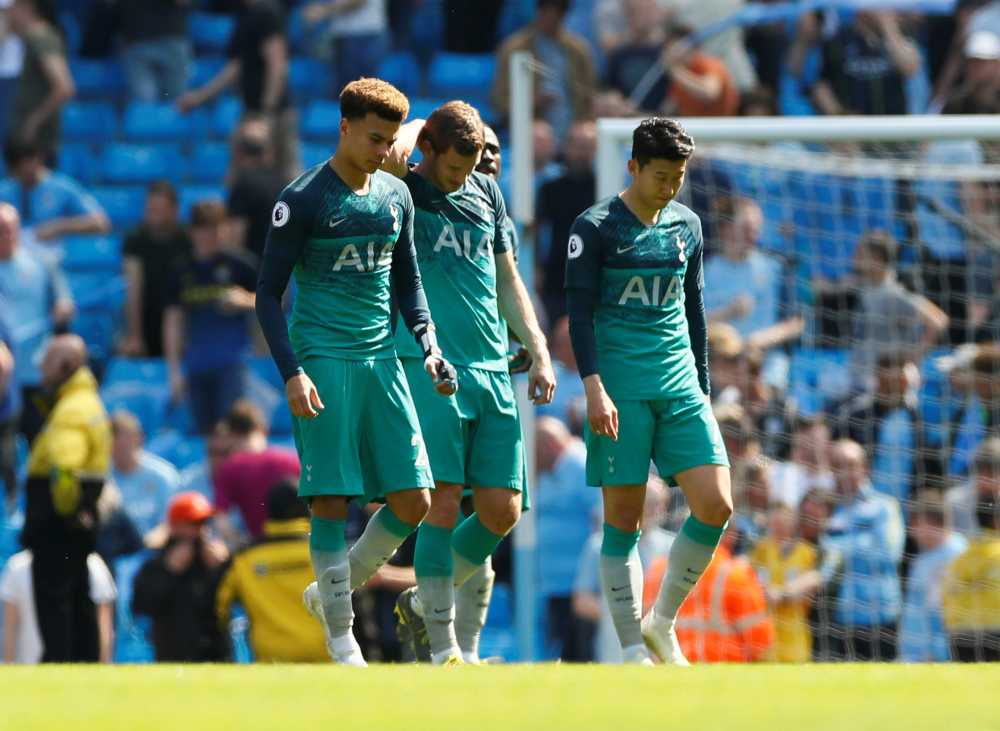 Tottenham's Dele Alli, Jan Vertonghen and Son Heung-min look dejected after the match against Manchester City, April 20, 2019. u00e2u20acu2022 Reuters pic