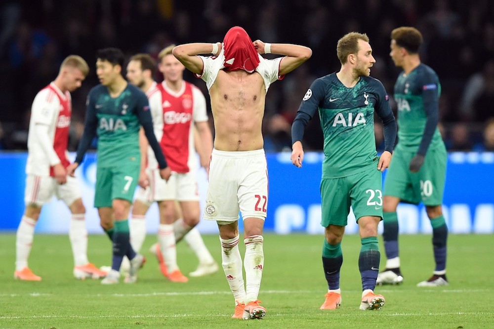 Ajaxu00e2u20acu2122s Hakim Ziyech (centre) reacts during the Uefa Champions League semi-final second leg match with Tottenham Hotspur at Johan Cruyff Arena in Amsterdam May 8, 2019. u00e2u20acu201d AFP pic