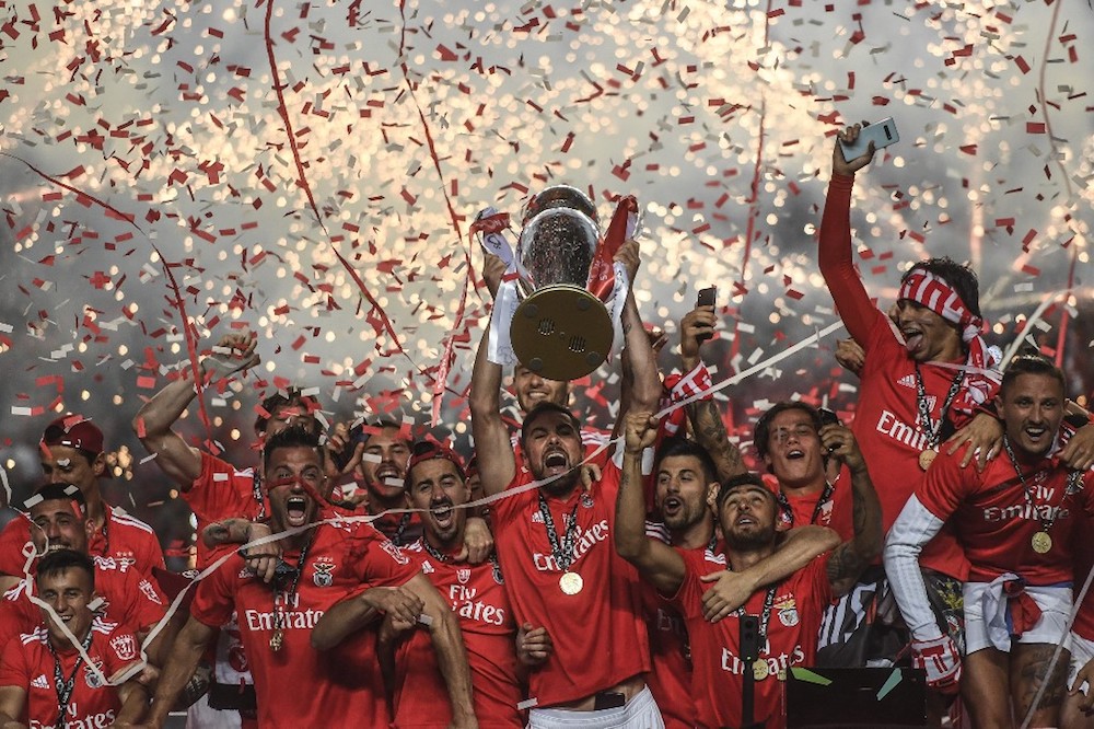 Benfica players celebrate with the trophy after the team won the Portuguese League Championship at the Luz stadium in Porto May 18, 2019. u00e2u20acu201d AFP pic