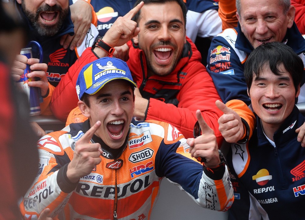 Repsol Honda Teamu00e2u20acu2122s Marc Marquez celebrates with his team prior to the podium ceremony after winning the MotoGP race during the French Motorcycle Grand Prix in Le Mans May 19, 2019. u00e2u20acu201d AFP pic